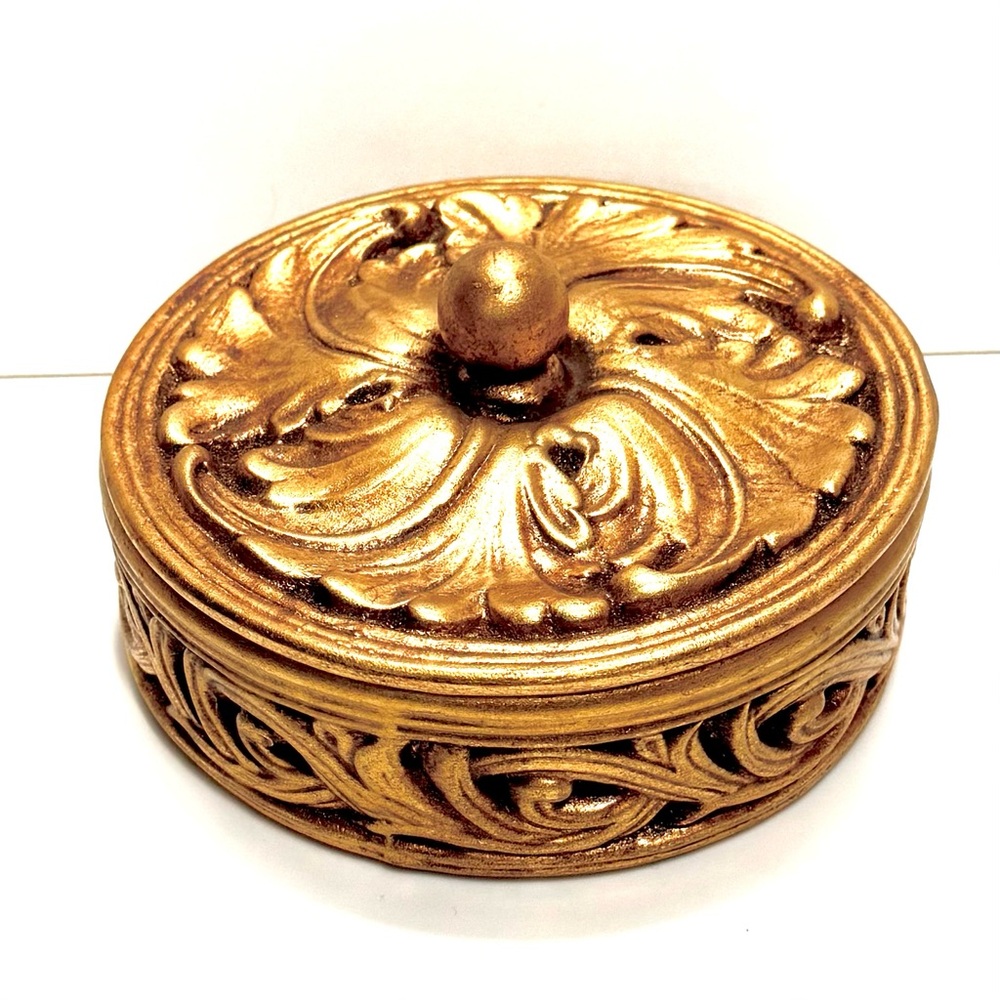 Rare Vtg Freeman & McFarlin Potteries Gold Round Covered Jewelry Trinket Box NEW